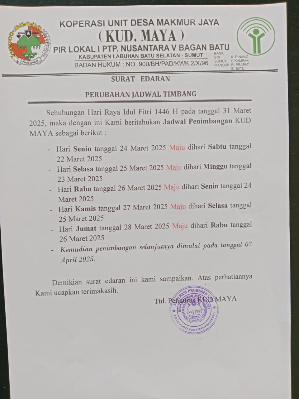 Perubahan Jadwal Timbang